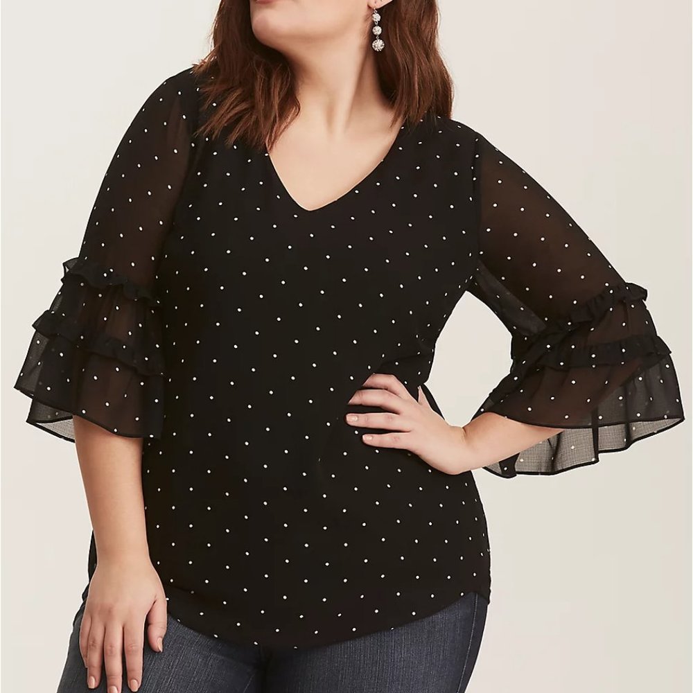Torrid Black & White Polka Dot Crinkled Chiffon Blouse